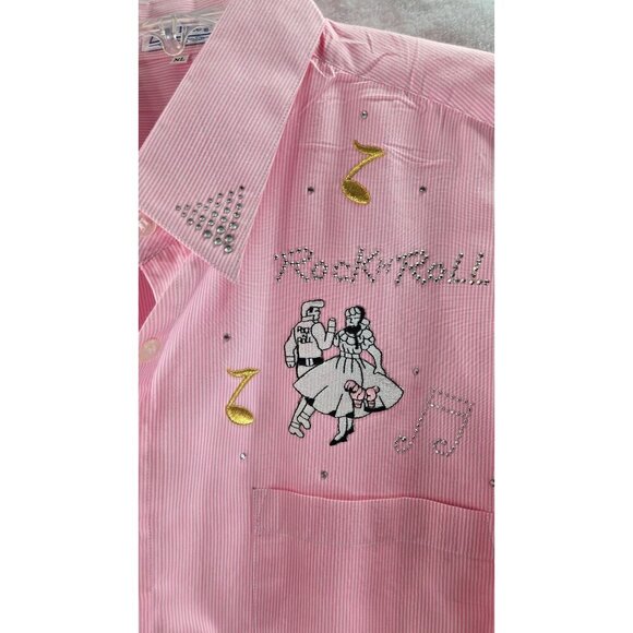Rock N Roll Women's Shirt 50's Elvis Pink White Stripe XL Button-Up Long Sleeve - Picture 15 of 16